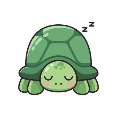 A charming flat design cartoon of a cute, plump green turtle mascot peacefully sleeping, with closed eyes and rosy cheeks, its shell a vibrant emerald green with subtle, smooth shading. Stylized sleeping symbols float above its head, indicating slumb