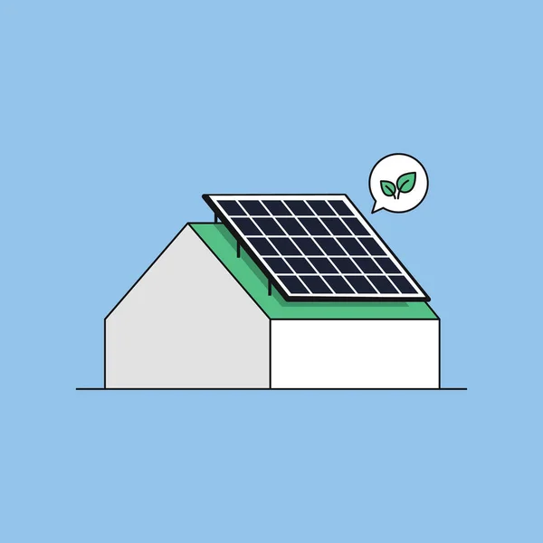 A stylized depiction of a contemporary house featuring a prominent solar panel array on its roof, symbolizing sustainable living and eco-friendly power generation.
