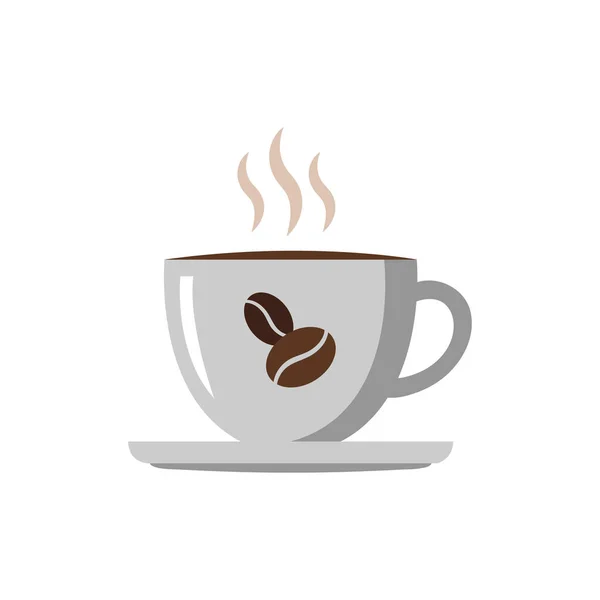 A simple flat design icon of a hot coffee cup with steam rising and two coffee beans on the side. Perfect for breakfast, cafe, or beverage-related content.
