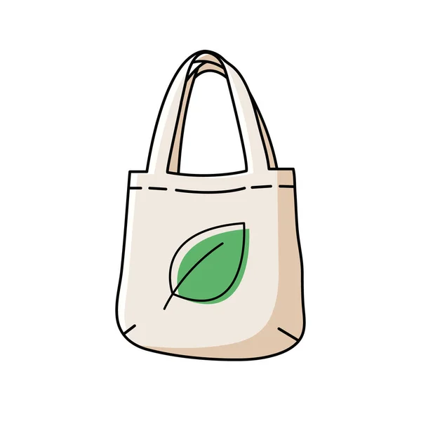 A simple flat design shows a canvas tote bag with a green leaf emblem. Perfect for illustrating concepts of sustainability, zero-waste, and eco-conscious shopping habits.