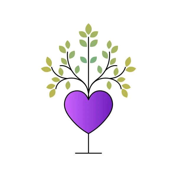 A stylized purple heart forms the base of a tree with delicate branches and light green leaves, representing love, growth, nature, and organic beauty.