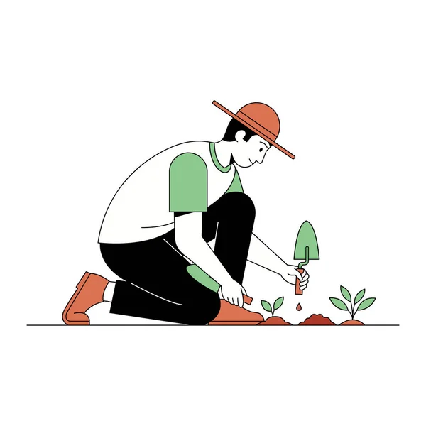 Sıradan giyinmiş, şapka takan bir insan dikkatlice toprağa küçük tohumlar ekmek için diz çöker. Sahne, sadeleştirilmiş, düz bir bahçe stili ve doğa tasvir ediyor..