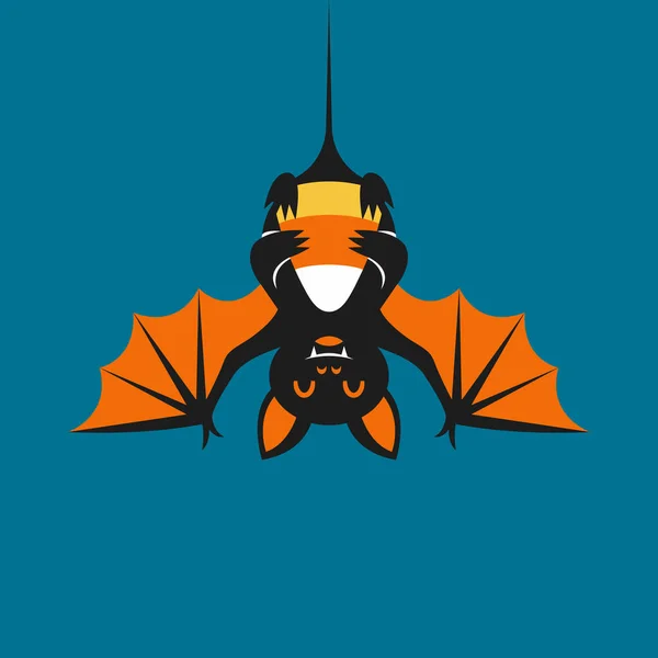 Şekerli mısırla baş aşağı asılı duran ve uzanan kanatları olan bir Cadılar Bayramı yarasa karakterinin stilize edilmiş bir çizimi. Bu festival grafiği mevsimlik dekorasyonlar, parti davetiyeleri ve ürkütücü temalı içerik için mükemmeldir..