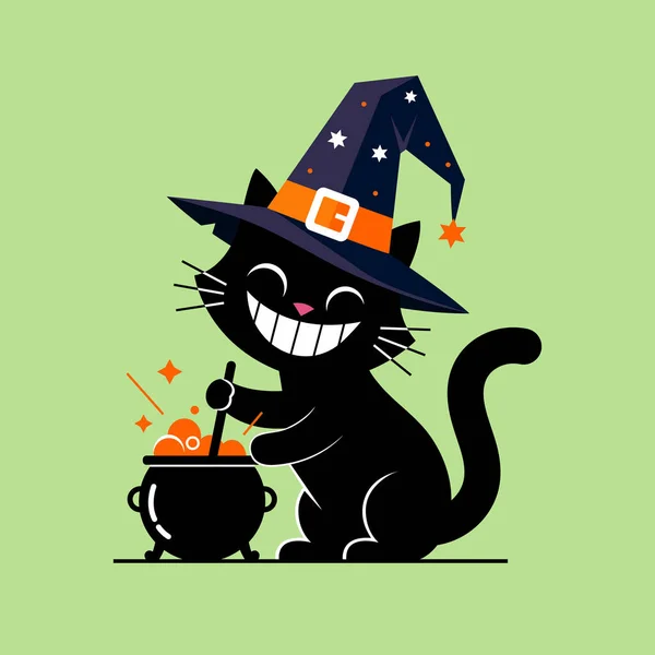 Sivri bir cadı şapkası takan neşeli bir kara kedi ve kocaman bir sırıtış gizemli cadılar bayramı hediyeleriyle dolu kabaran bir kazanı karıştırıyor. Şenlikli dekorasyonlar ve mevsimlik selamlar için mükemmel..