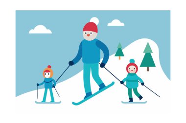 Çizgi film, aile kayağı, karlı tepede kayak.