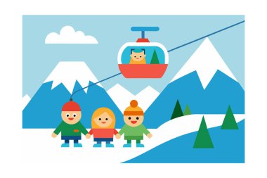 Çizgi film-Aile-Kayak-Gondol-Yukarı-Karlı-Dağ