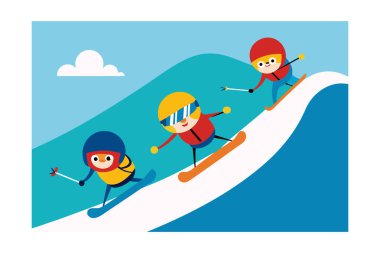 Çizgi film kayakçıları eğlence için paralel yamaçlarda yarışıyorlar.