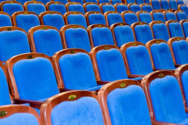 Auditorium mavi kahverengi ahşap sandalyeler. İnsanlar.