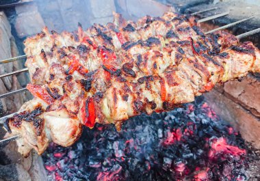 Kömürlerin üzerinde pişirme Barbekü domuz eti. Kavrulmuş et. Abur cubur.
