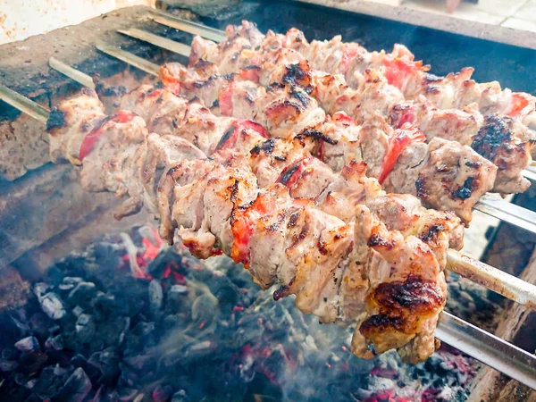 Kömürlerin üzerinde pişirme Barbekü domuz eti. Kavrulmuş et. Abur cubur.