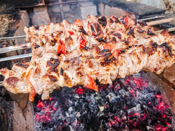 Kömürlerin üzerinde pişirme Barbekü domuz eti. Kavrulmuş et. Abur cubur.