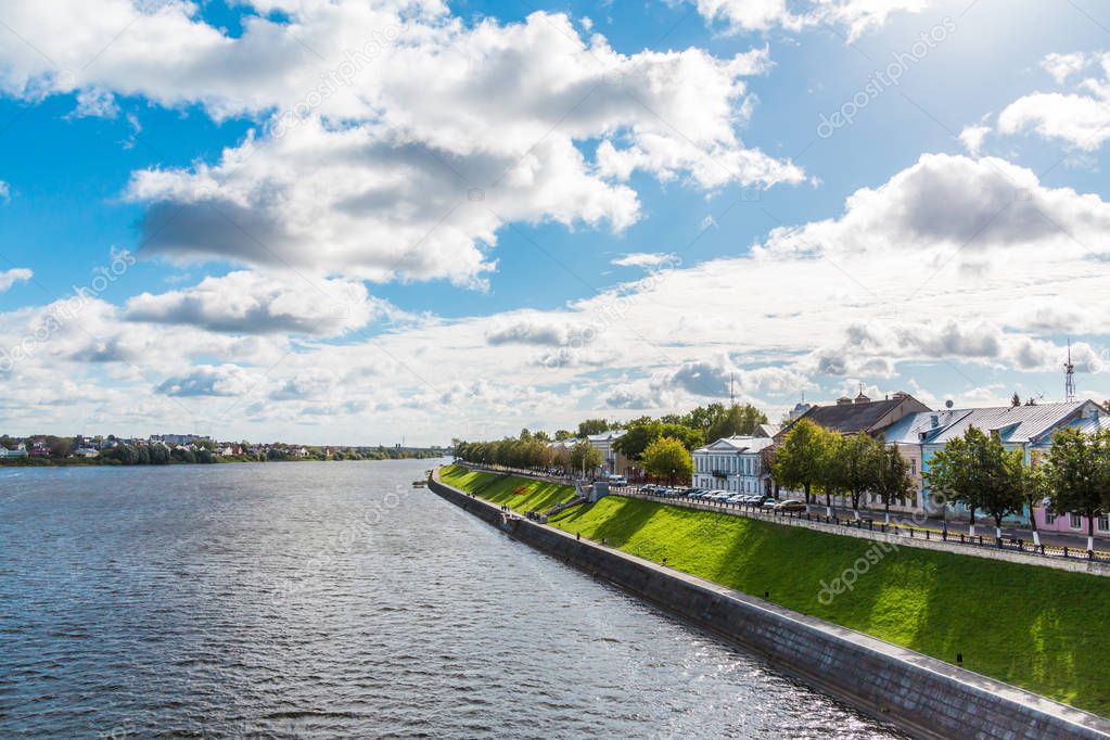 The picturesque Volga landscape in the city of Tver, Russia. Sunny summer or autumn day.