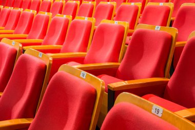 Tiyatro ya da konser salonu oditoryum kırmızı sandalye.
