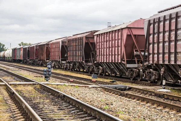 Bir Yük Treni Istasyonu Araçların Demiryolu Rayları Uyuyanlar — Stok fotoğraf