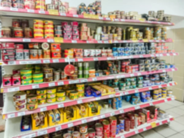 Defocused Image Canned Meat Fish Shelves Grocery Supermarket — Stock Photo, Image