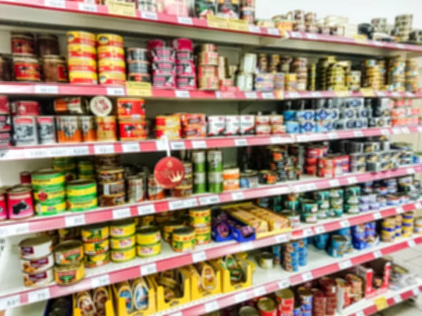 Defocused Image Canned Meat Fish Shelves Grocery Supermarket — Stock Photo, Image