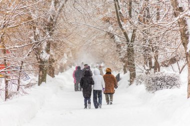 İnsanlar şehir Park sokak yürüyün. Kış günü. Ağaçların dalları ve yolda kar olduğunu.