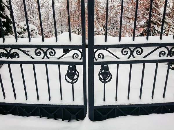 Železné Brány Vstupu City Parku Zimní Den Závěje Sněhu — Stock fotografie