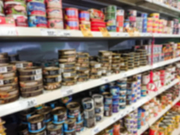 Blurred Abstract Image Goods Shelf Grocery Store Canned Fish — Stock Photo, Image