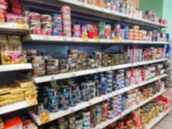 Blurred Abstract Image Goods Shelf Grocery Store Canned Fish — Stock Photo, Image