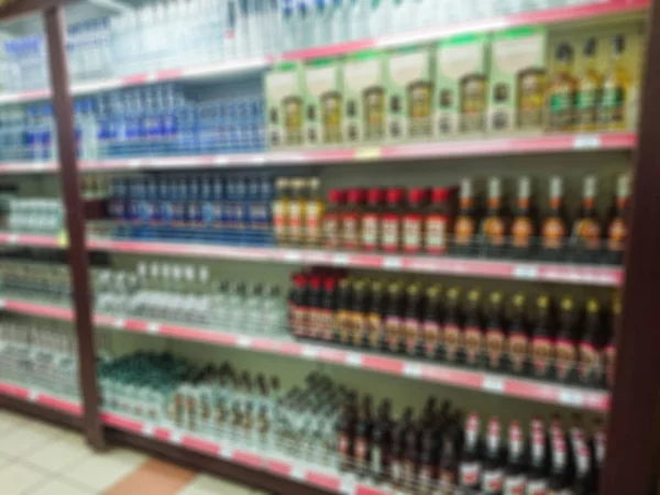 Blurred Abstract Image Goods Shelf Grocery Store Vodka Tinctures Other — Stock Photo, Image