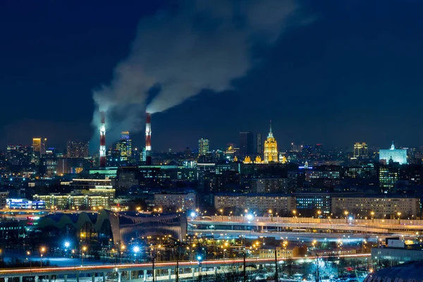 Panoramatický Pohled Noční Moskvu Světla Velkoměsta Pára Vychází Trubek Chp — Stock fotografie