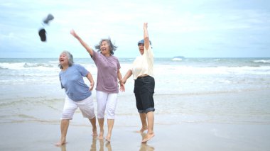 Happy senior women enjoying a playful walk on the beach, laughing and holding hands as they splash through the waves together