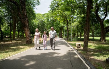 Mutlu Asyalı büyük anne ve büyük baba ve torun neşeli bir şekilde parkta yürüyorlar, etkin çoklu nesil aile güneşli bir günde dışarıda eğleniyorlar.