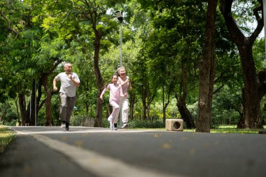 Mutlu Asyalı büyük anne ve büyük baba ve torun neşeli bir şekilde birlikte parkta koşuyorlar, etkin çoklu nesil aile güneşli bir günde dışarıda eğleniyorlar.