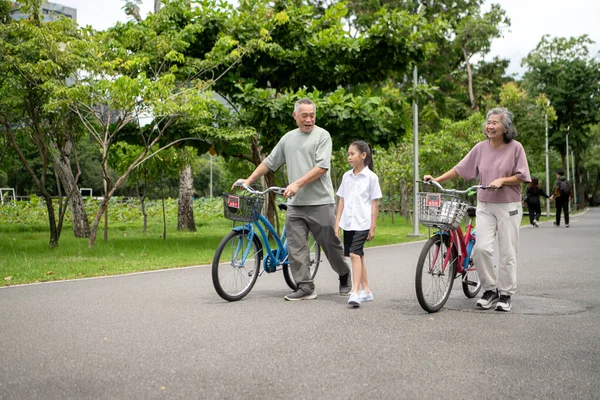 Mutlu Asyalı büyükanne ve büyükbaba bisikletleriyle parkta torunlarının yanında yürüyor, aile açık havada güzel vakit geçiriyor, huzurlu bir günde konuşuyor ve gülümsüyor.