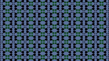 Modern, Kusursuz Tekrarlayan Düzen. Siyah şekilli ve küçük yeşil noktalı karmaşık bir geometrik tasarım sergiliyor. Sakinleştirici ve sessiz mavi bir arkaplanda kompleks bir şebeke oluşturuyor..
