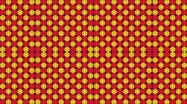 Parlak ve Karmaşık Kusursuz Vektör Deseni. Katı kırmızı arka planda kırmızı ve sarıların canlı tonlarında tekrarlayan Kaleydoskop Şekilleri ile modern bir Geometrik Tasarım sunar.