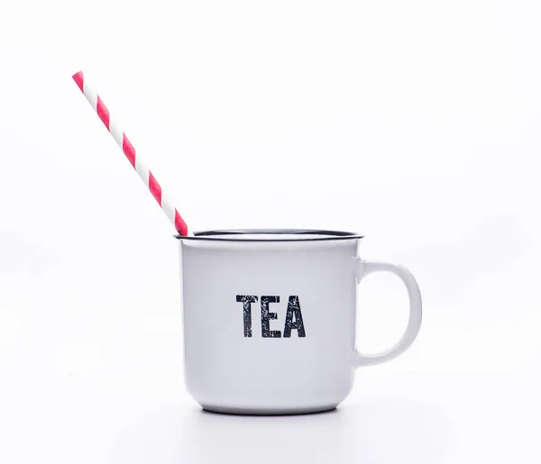 Classic White Tea Mug Cup Black Edging Inscription White Background — Stock Photo, Image