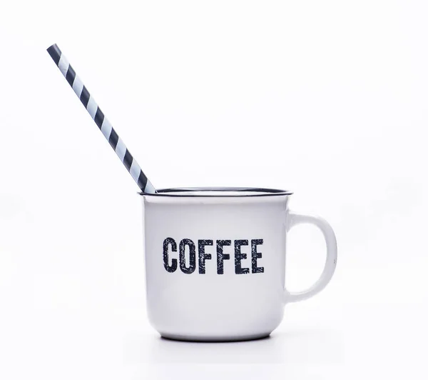 Klassischer Weißer Kaffeebecher Eine Tasse Mit Schwarzem Rand Und Einer — Stockfoto