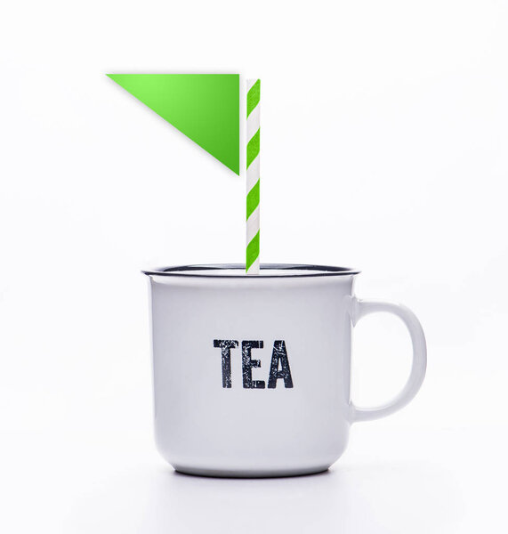 Classic white tea mug, a cup with black edging and an inscription on a white background.