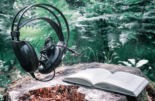 Μαύρα Ακουστικά Και Ένα Λευκό Βιβλίο Στο Δάσος Ένα Κούτσουρο — Φωτογραφία Αρχείου
