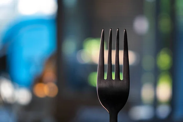 Une Tranche Saucisse Salami Sur Une Fourchette Noire Sur Une — Photo