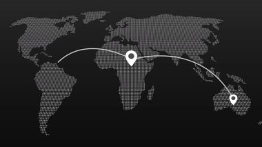 Animasyon konum belirleme servisi animasyonu veya hedef konumu Dünya haritalarından seçin. Harita göstergeleriyle soyut dünya haritası animasyonu. raptiyeler, navigasyon ve seyahat kavramı