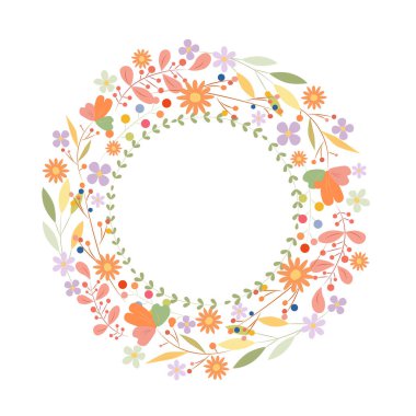 Wreath of flowers, clip art, isolated on white background. Decorative botanical hand drawn round frame, illustration