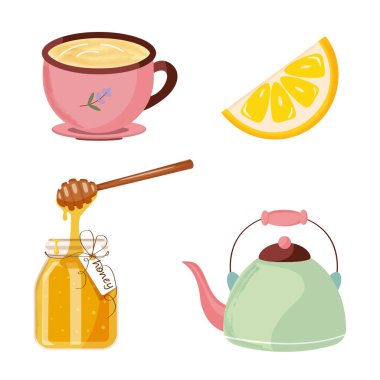 Colorful set green tea set, lemon wedge, pink mug, jar of honey. Hand drawn