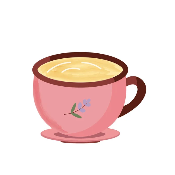 A pink cup of fresh hot coffee or cappuccino on a light background. Illustration. Flat style. Decorative design for a cafe