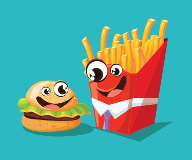     Fast food çizgi film karakterleri patates kızartması ve kola - vektör çizim esinlenerek 