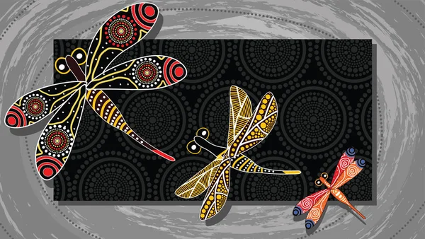 Arte Aborígine Pintura Vetorial Com Libélula Ilustração Baseada Estilo Aborígene — Vetor de Stock