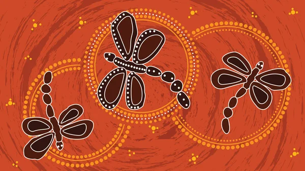 Pintura Vectorial Arte Aborigen Con Libélula Ilustración Basada Estilo Aborigen — Vector de stock