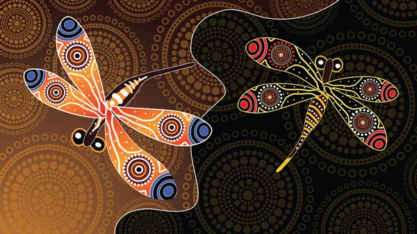 Pintura Vectorial Arte Aborigen Con Libélula Ilustración Basada Estilo Aborigen — Vector de stock