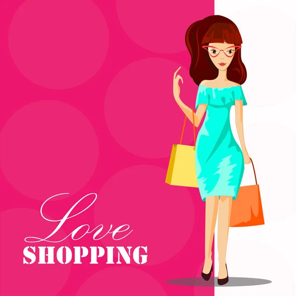 Fashion Woman Shopping Bag Love Shopping Template Fashion Girl Cartoon — Stock Vector