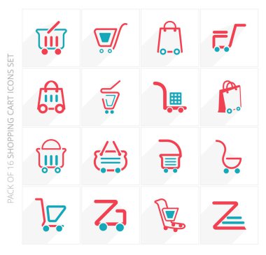 Alışveriş sepeti Icons collection beyaz arka plan üzerinde izole trendy düz tarzı renkli. Alışveriş sepeti vektör simgeler web sitesi, grafik tasarım ve mobil uygulamalar için 16 kümesi.