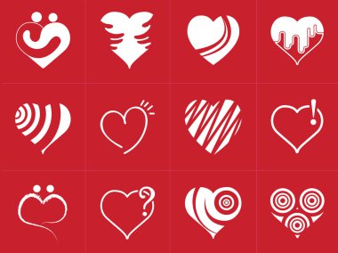 Trendy düz stil kırmızı zemin üzerine izole kalp simgeler koleksiyonu. 12 nokta kalp kümesini simgeler vektör çizim şekil.