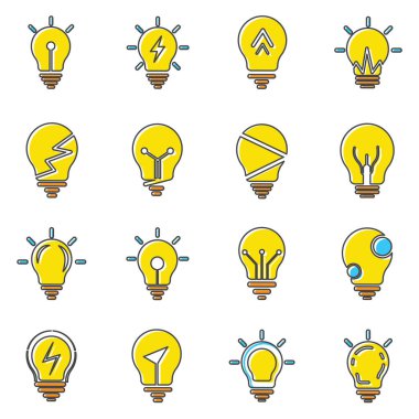 Beyaz arka plan üzerinde izole trendy düz stil ampul simgeler koleksiyonu. Web sitesi, grafik tasarım ve mobil uygulamalar için 16 renkli ampul vektör simge kümesi.