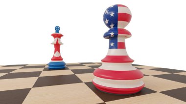 Amerika ve Kuzey Kore çatışması. Beyaz arka planda satranç piyon ve Kral. 3D çizim